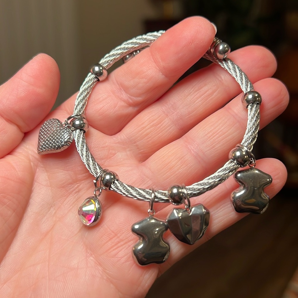 Silver Mesh Charm Bracelet with Hearts Teddy Bear AB Rhinestones - Style of Tous